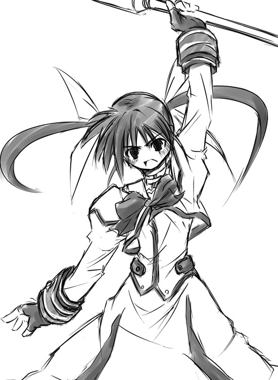 raising heart, takamachi nanoha, takamachi nanoha (sacred mode), lyrical nanoha, mahou shoujo lyrical nanoha, mahou shoujo lyrical nanoha a's, mahou shoujo lyrical nanoha strikers, 00s, 1girl, bow, female focus, fingerless gloves, gloves, greyscale, magical girl, monochrome, sketch, solo, twintails