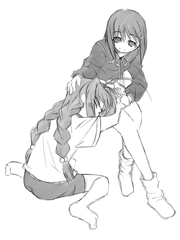 vita (nanoha), yagami hayate, lyrical nanoha, mahou shoujo lyrical nanoha, mahou shoujo lyrical nanoha a's, 00s, 2girls, bare legs, braid, contemporary, from behind, greyscale, long hair, monochrome, multiple girls, shirt, shorts, simple background, sitting, sketch, socks, t-shirt, twin braids, very long hair, wariza, white background