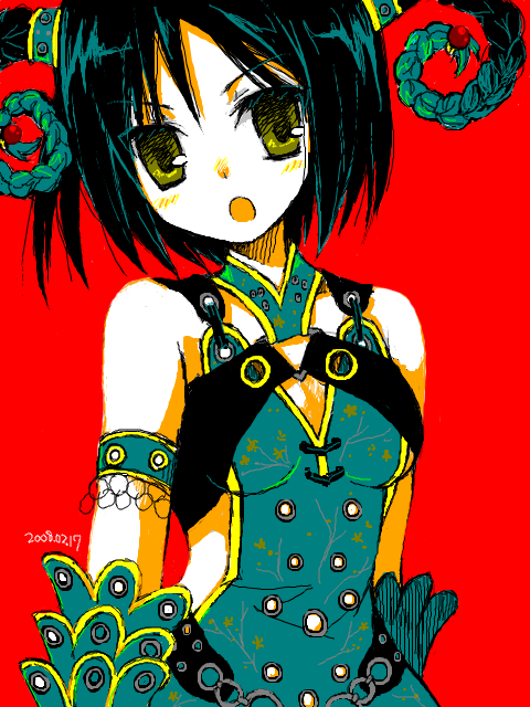 suzushiro kurumi, mele, juuken sentai gekiranger, super sentai, 1girl, :o, animification, armlet, bare shoulders, black hair, blush, breasts, buckle, cleavage, cleavage cutout, clothing cutout, dress, elbow gloves, female focus, gloves, green dress, green eyes, green gloves, horns, jewelry, looking at viewer, open mouth, red background, short hair, simple background, small breasts, solo, tareme, tokusatsu
