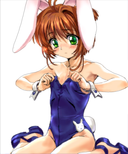 mutsuki (moonknives), kinomoto sakura, cardcaptor sakura, kodansha, 1990s (style), 1girl, adjusting clothes, adjusting leotard, animal ears, bare legs, blush, cuffs, fake animal ears, female focus, green eyes, leotard, loli, playboy bunny, rabbit, rabbit ears, rabbit tail, retro artstyle, simple background, sitting, solo, tail, white background, wrist cuffs