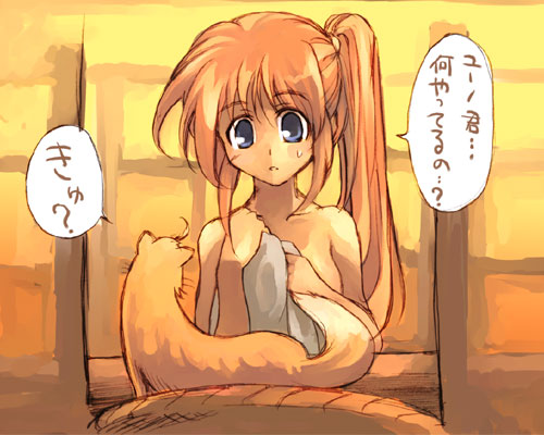 kouno hikaru, takamachi nanoha, yuuno scrya, lyrical nanoha, mahou shoujo lyrical nanoha, lowres, translated, 00s, brown hair, ferret, ponytail, purple eyes, solo, towel