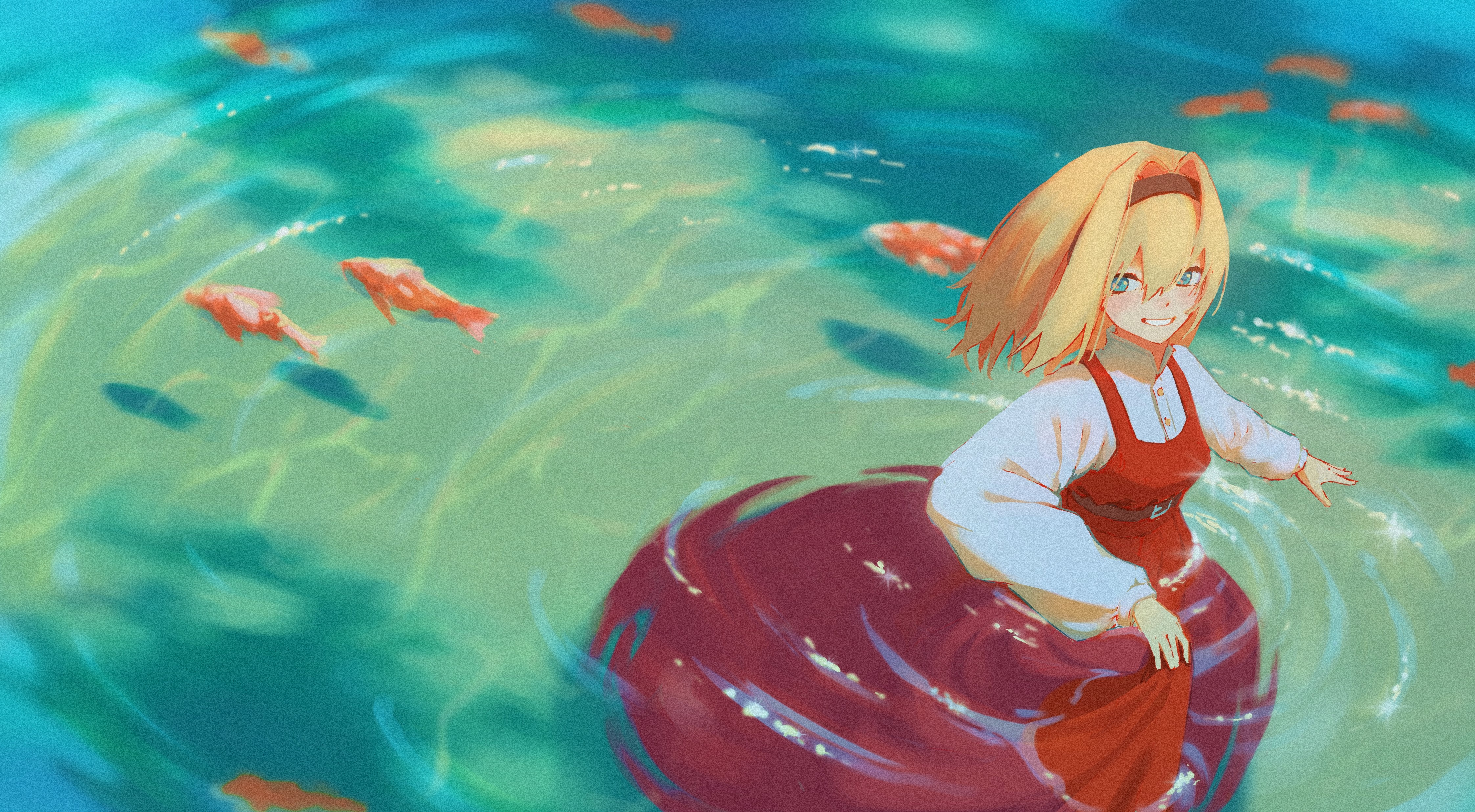powocy, original, absurdres, commentary, english commentary, highres, 1girl, blonde hair, dress, fish, green eyes, grin, long hair, long sleeves, pinafore dress, red dress, ripples, shirt, skirt hold, sleeveless, sleeveless dress, smile, solo, wading, water, white shirt