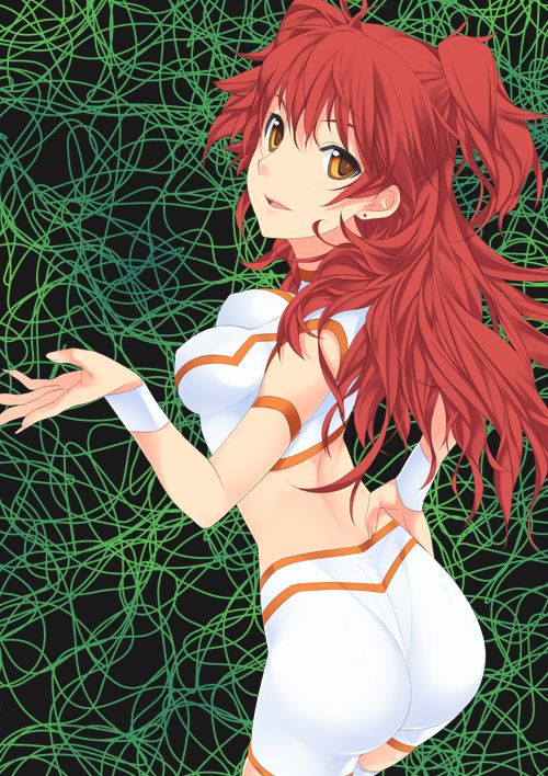 mizuki makoto, nena trinity, gundam, gundam 00, 00s, midriff, red hair, solo, yellow eyes