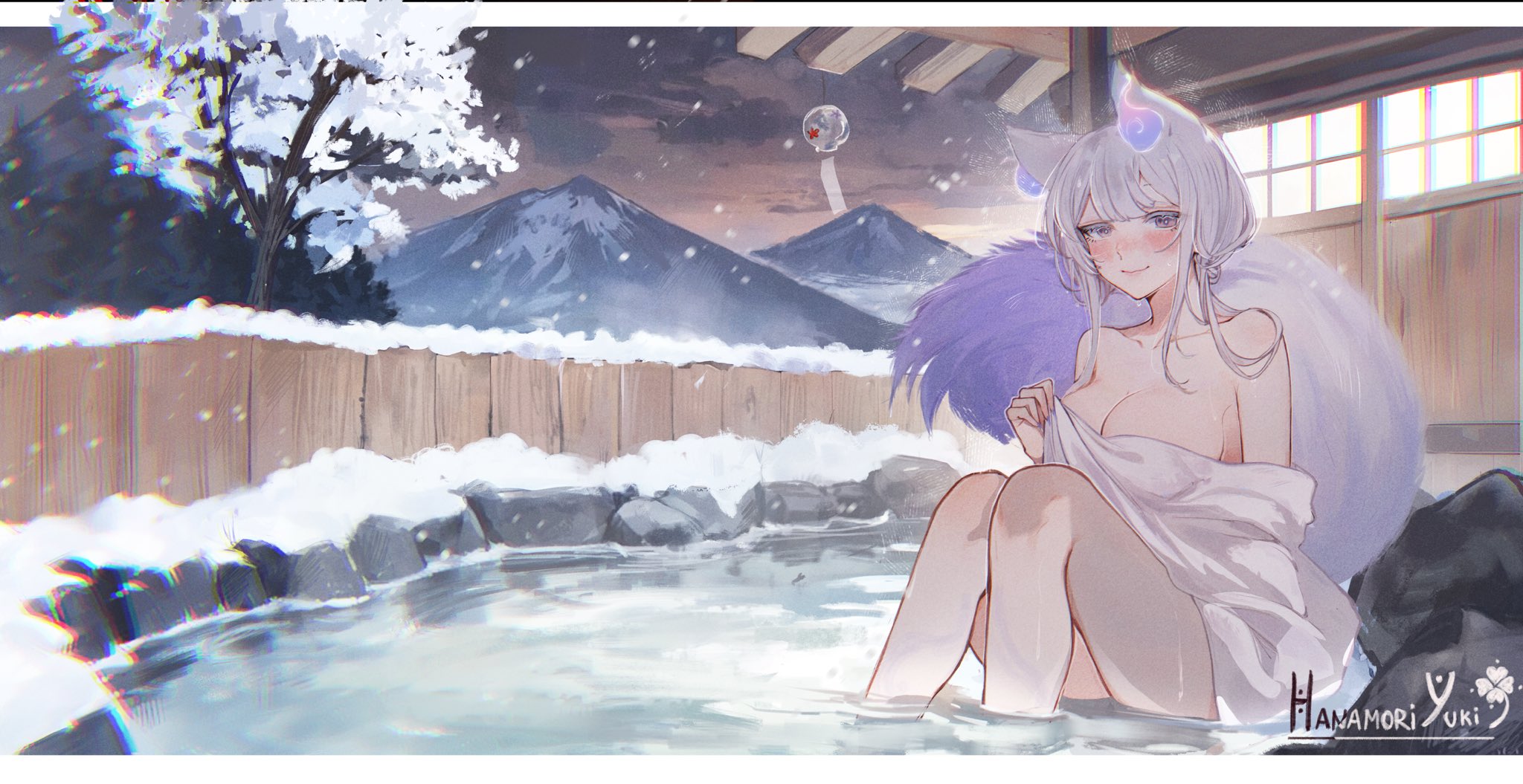 indie virtual youtuber, animal ears, breasts, cleavage, mountain, onsen, snow, snowing, solo, tail, towel, virtual youtuber, zaikiai