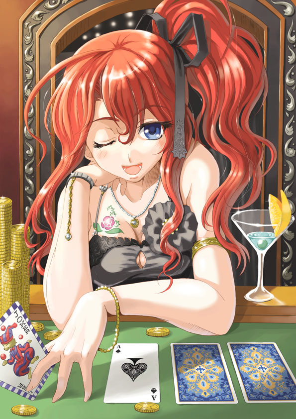 yuu (yuyukaikan), original, 1girl, ace (playing card), ace of spades, bare shoulders, blue eyes, bow, bracelet, breasts, card, cleavage, coin, female focus, glass, gold, hair bow, holding, holding card, jewelry, joker (playing card), large breasts, long hair, necklace, one eye closed, playing card, playing games, ponytail, red hair, ribbon, sitting, solo, spade (shape), tattoo, wink