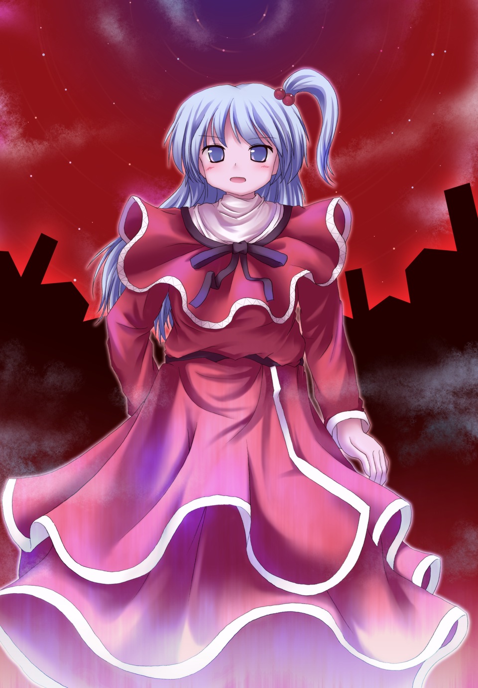 lzh, hong meiling, shinki (touhou), mystic square, touhou, touhou (pc-98), silver hair, highres, 1girl, :o, blue eyes, blush, cityscape, cloud, dress, female focus, hair bobbles, hair ornament, long sleeves, looking at viewer, looking back, open mouth, red dress, red sky, side ponytail, sky, solo, standing