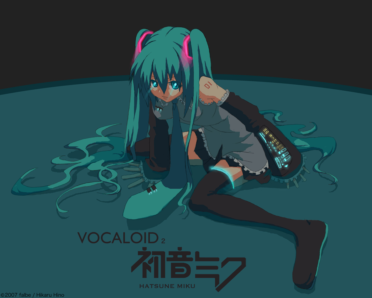 hino hikaru, hatsune miku, vocaloid, 1girl, aqua hair, black boots, black skirt, black thighhighs, boots, collared shirt, detached sleeves, female focus, full body, green eyes, green hair, long hair, long sleeves, matching hair/eyes, miniskirt, pleated skirt, shirt, sitting, skirt, sleeveless, sleeveless shirt, solo, tattoo, thighhighs, twintails, very long hair, wariza