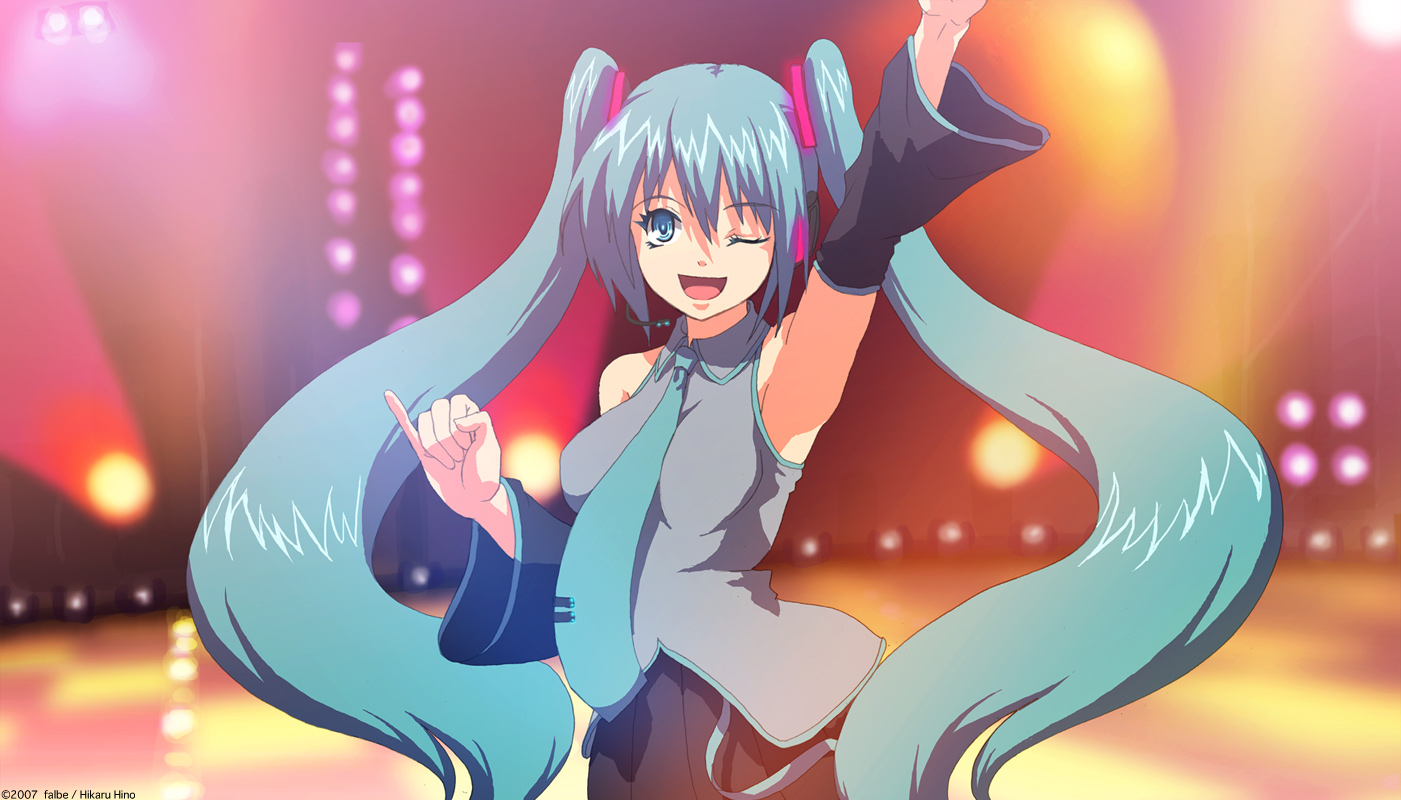 hino akira, hino hikaru, hatsune miku, vocaloid, 1girl, aqua hair, arm up, female focus, long hair, one eye closed, solo, twintails, very long hair