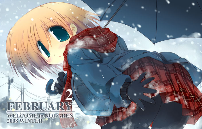 sakaki (noi-gren), original, 1girl, :o, aqua eyes, bent over, black pantyhose, blonde hair, blush, coat, female focus, mittens, pantyhose, plaid clothes, plaid scarf, plaid skirt, red scarf, scarf, short hair, skirt, snow, snowing, solo, umbrella
