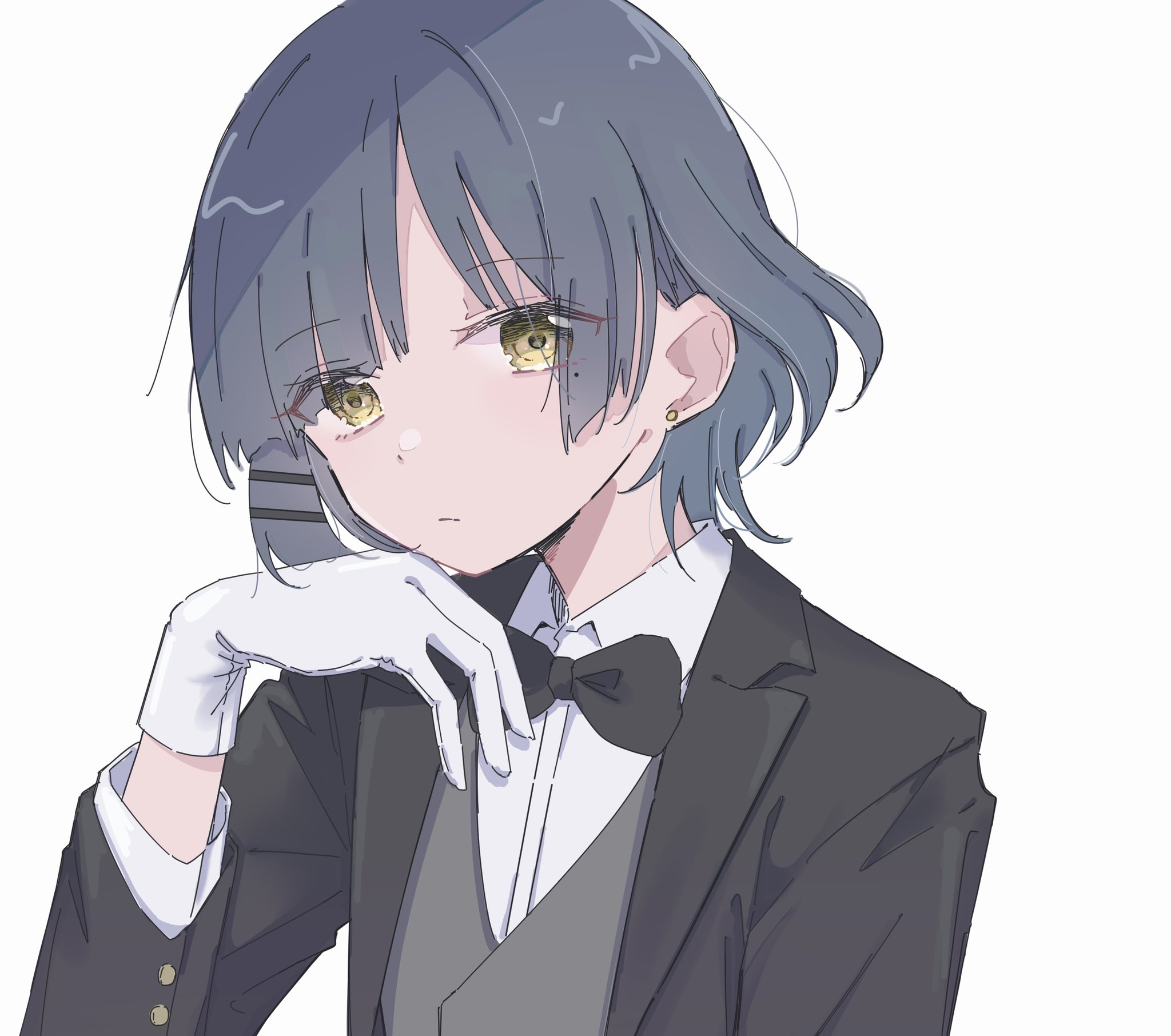 milk crepes, yamada ryo, bocchi the rock!, highres, 1girl, black bow, black bowtie, blue hair, bow, bowtie, collared shirt, earrings, formal clothes, gloves, hair ornament, hand on own chin, head rest, jewelry, looking at viewer, mole, mole under eye, shirt, short hair, solo, stud earrings, suit, upper body, vest, waistcoat, white gloves, white shirt, yellow eyes
