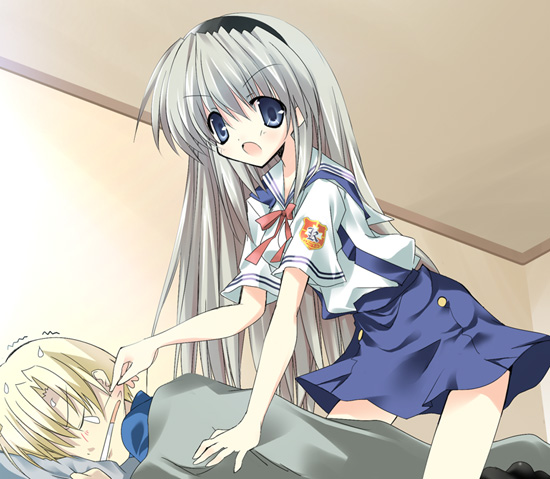 paco, sakagami tomoyo, sunohara youhei, clannad, silver hair, 00s, angry, blonde hair, blue eyes, long hair, open mouth, school uniform, serafuku, short hair, skirt, sleeping, very long hair