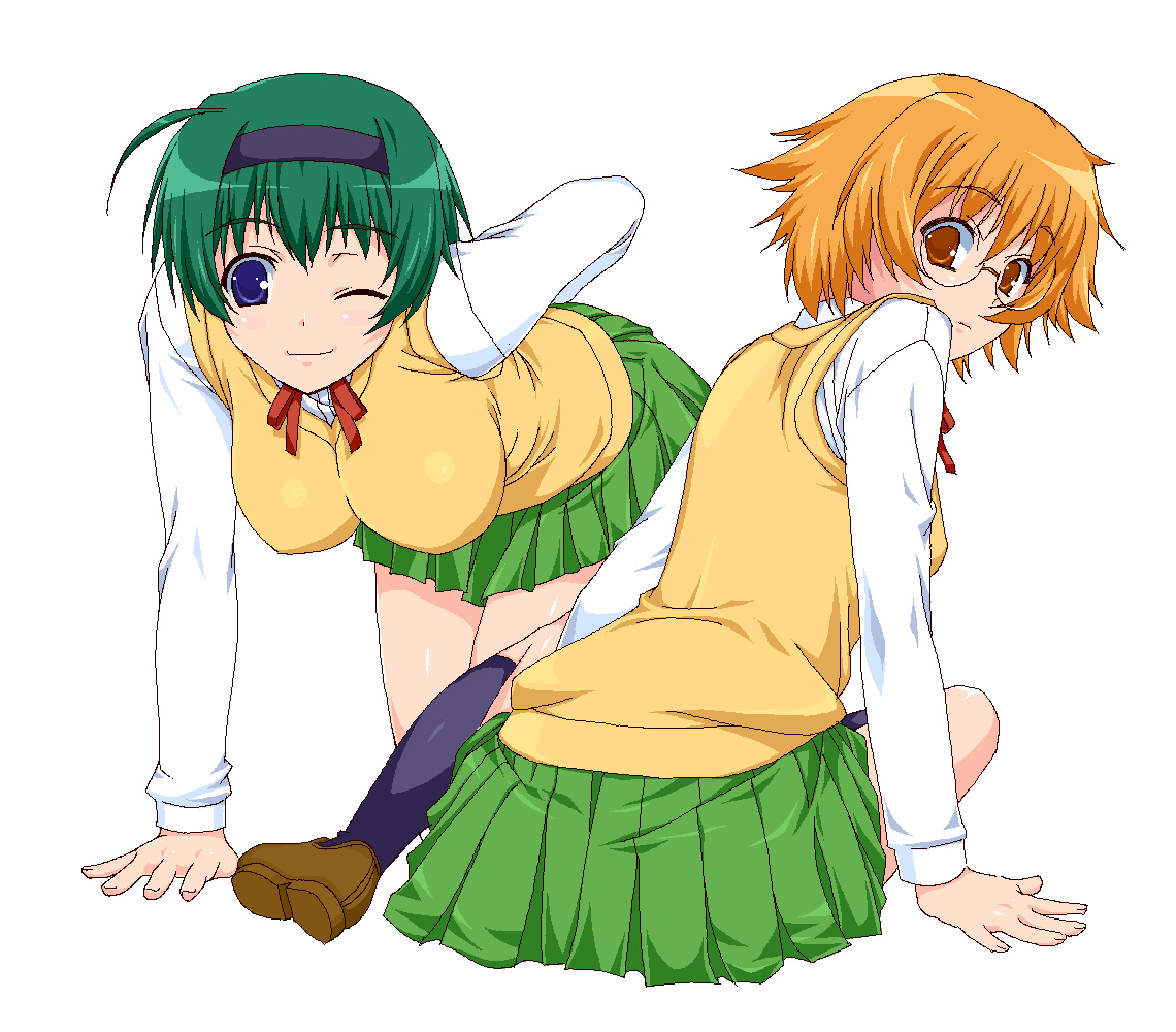 shichimenchou, yamada michiru, yoshioka chie, to heart (series), to heart 2, blue legwear, 00s, 2girls, ;), ahoge, all fours, arm support, blue eyes, blush, breasts, brown eyes, brown hair, from behind, glasses, green hair, hairband, hanging, kneehighs, large breasts, loafers, looking at viewer, looking back, multiple girls, one eye closed, pleated skirt, rimless eyewear, school uniform, serafuku, shoes, short hair, skirt, smile, socks, sweater vest