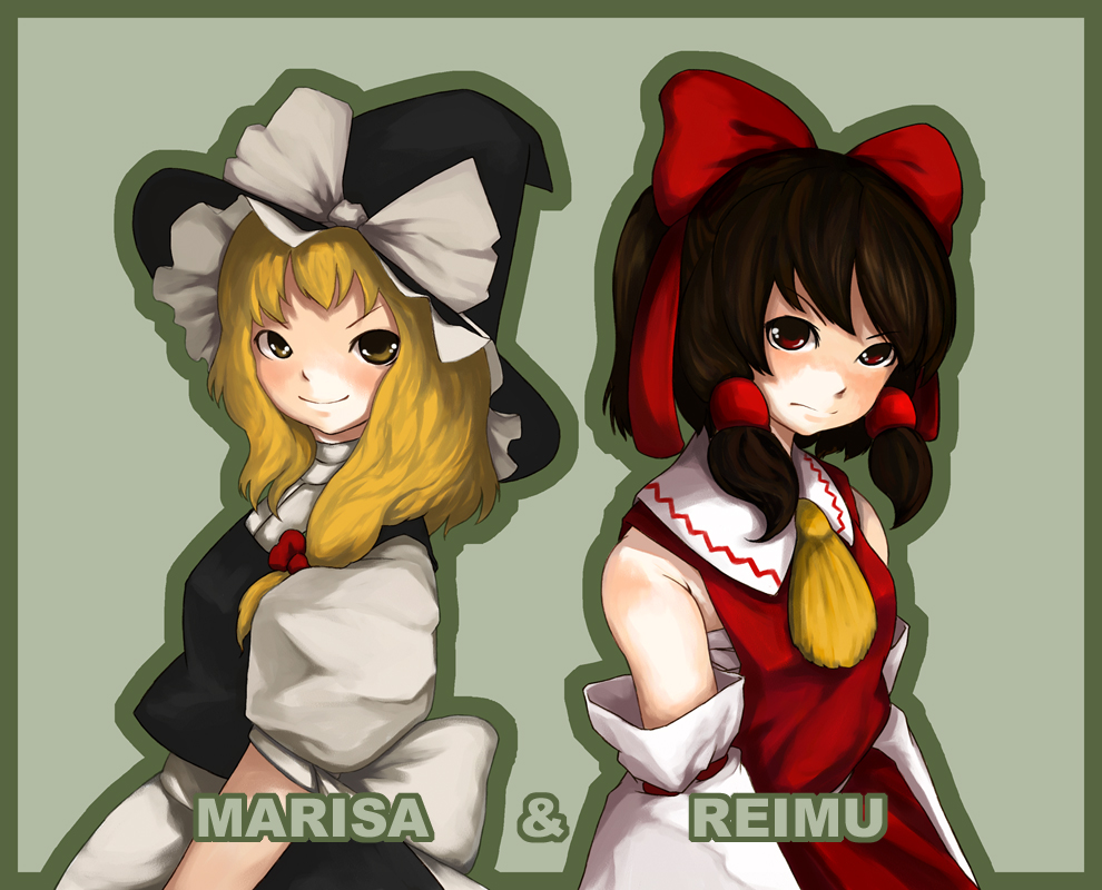 laboto, hakurei reimu, kirisame marisa, touhou, 2girls, ascot, black dress, blonde hair, blush, brown eyes, brown hair, character name, collar, detached sleeves, dress, female focus, hair tubes, hetareya, long sleeves, looking at viewer, multiple girls, puffy short sleeves, puffy sleeves, red dress, ribbon-trimmed sleeves, ribbon trim, short sleeves, sidelocks