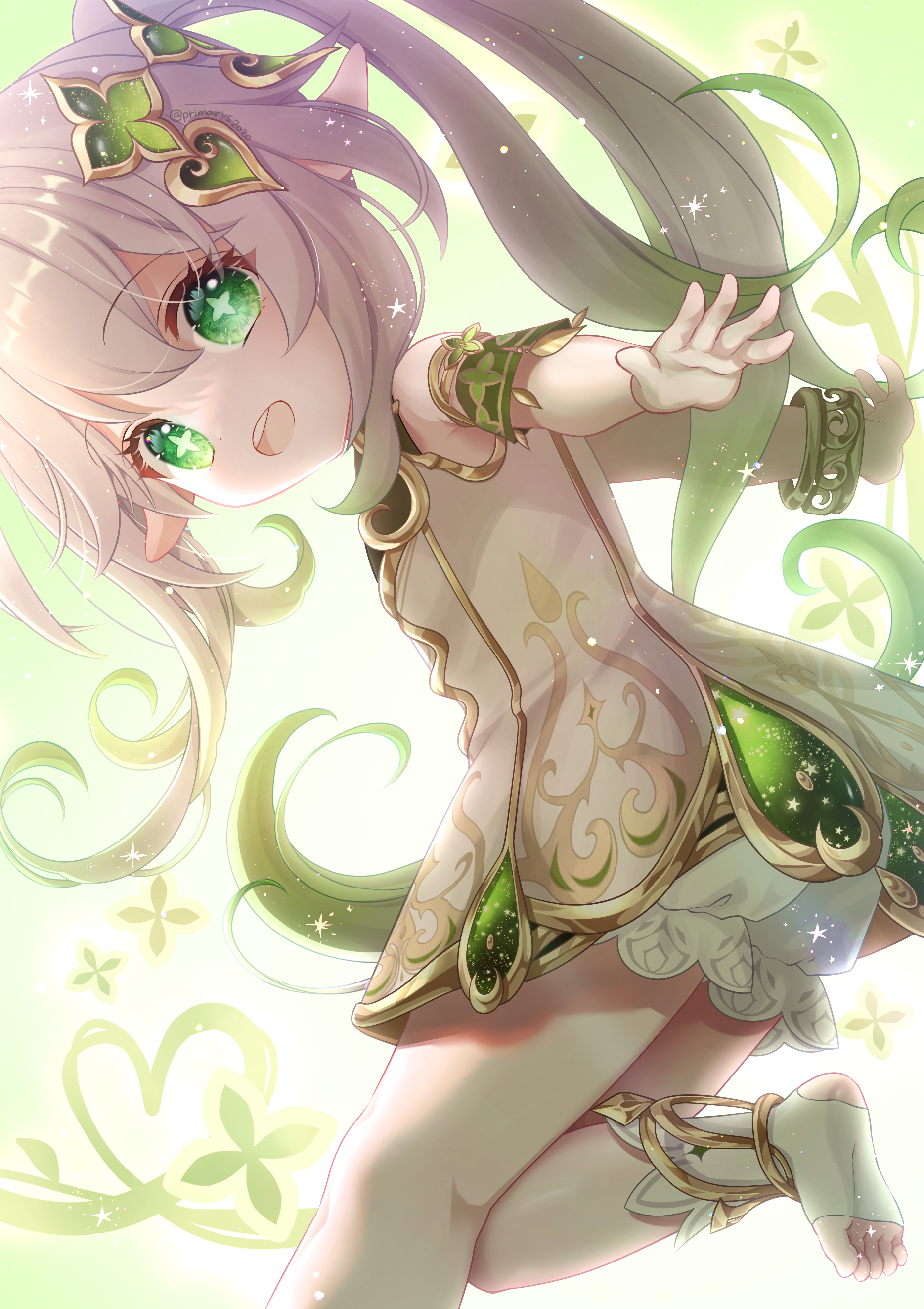 kyuubi mika, nahida (genshin impact), genshin impact, absurdres, commentary request, highres, 1girl, bare shoulders, bloomers, bracelet, colored skin, detached sleeves, dress, foot out of frame, from side, gold trim, gradient hair, green eyes, green hair, green skin, hair between eyes, hair ornament, jewelry, long hair, looking at viewer, looking to the side, multicolored hair, open mouth, outstretched arms, pointy ears, side ponytail, sleeveless, sleeveless dress, solo, star-shaped pupils, star (symbol), stirrup legwear, symbol-shaped pupils, teeth, toeless legwear, toes, underwear, upper teeth only, white bloomers, white dress, white hair