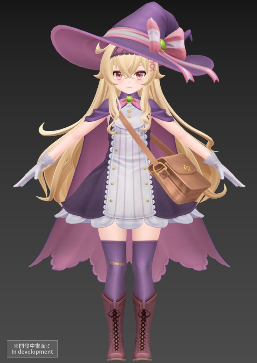 little witch nobeta, official art, 1girl, bag, blonde hair, boots, breasts, brown boots, cape, closed mouth, full body, gloves, hairband, hat, hat ribbon, long hair, nobeta (witch skin), purple cape, purple hat, purple thighhighs, red eyes, ribbon, shoulder bag, simple background, small breasts, solo, standing, thighhighs, very long hair, white gloves, witch hat, zettai ryouiki