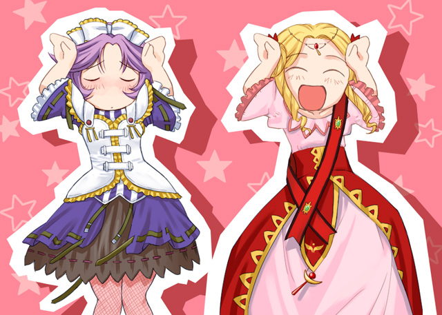 katatsuka kouji, latune subbota, shine hausen, banpresto, super robot wars, super robot wars original generation, 2girls, blonde hair, caramelldansen, gothic lolita, lolita fashion, multiple girls, purple hair