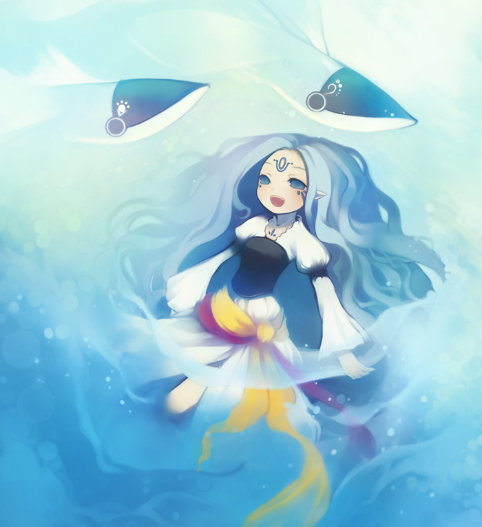 puti devil, original, tagme, blue eyes, blue hair, long hair, pointy ears, solo