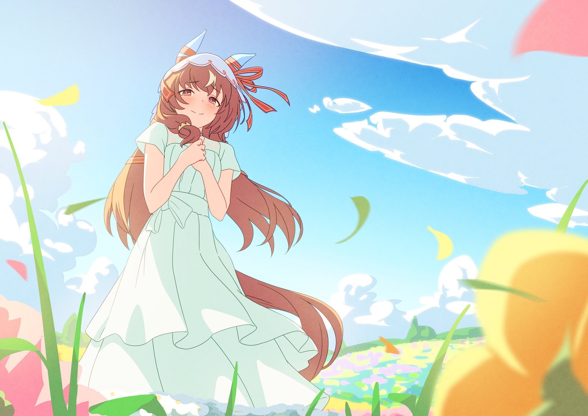 baasaku (balasaku24), still in love (umamusume), umamusume, highres, 1girl, animal ears, aqua dress, blush, brown hair, closed mouth, cloud, dress, falling leaves, flower, grass, hair ornament, hands on own chest, horse ears, horse girl, horse tail, leaf, long hair, looking at viewer, outdoors, red eyes, slytherin, smile, solo, tail, veil