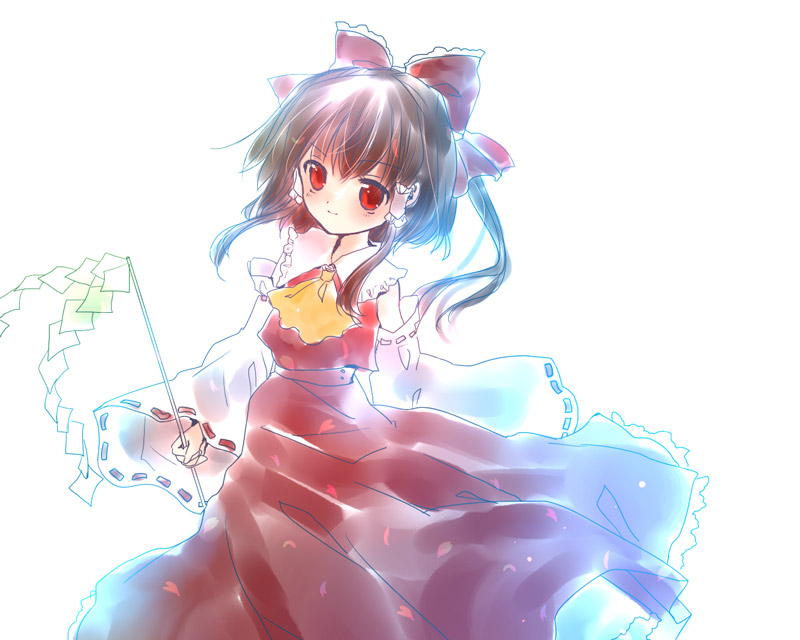 torii sumi, hakurei reimu, touhou, 1girl, ascot, blush, brown hair, collar, detached sleeves, dress, female focus, gohei, holding, long sleeves, looking at viewer, red dress, red eyes, ribbon-trimmed sleeves, ribbon trim, solo, stick, tareme