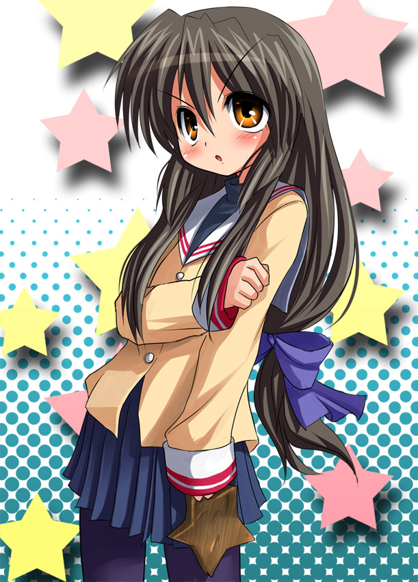 patorishia, ibuki fuuko, clannad, key (company), arm grab, 00s, 1girl, blush, brown eyes, female focus, green hair, long hair, low-tied long hair, pantyhose, ribbon, school uniform, serafuku, skirt, solo, starfish, tsundere