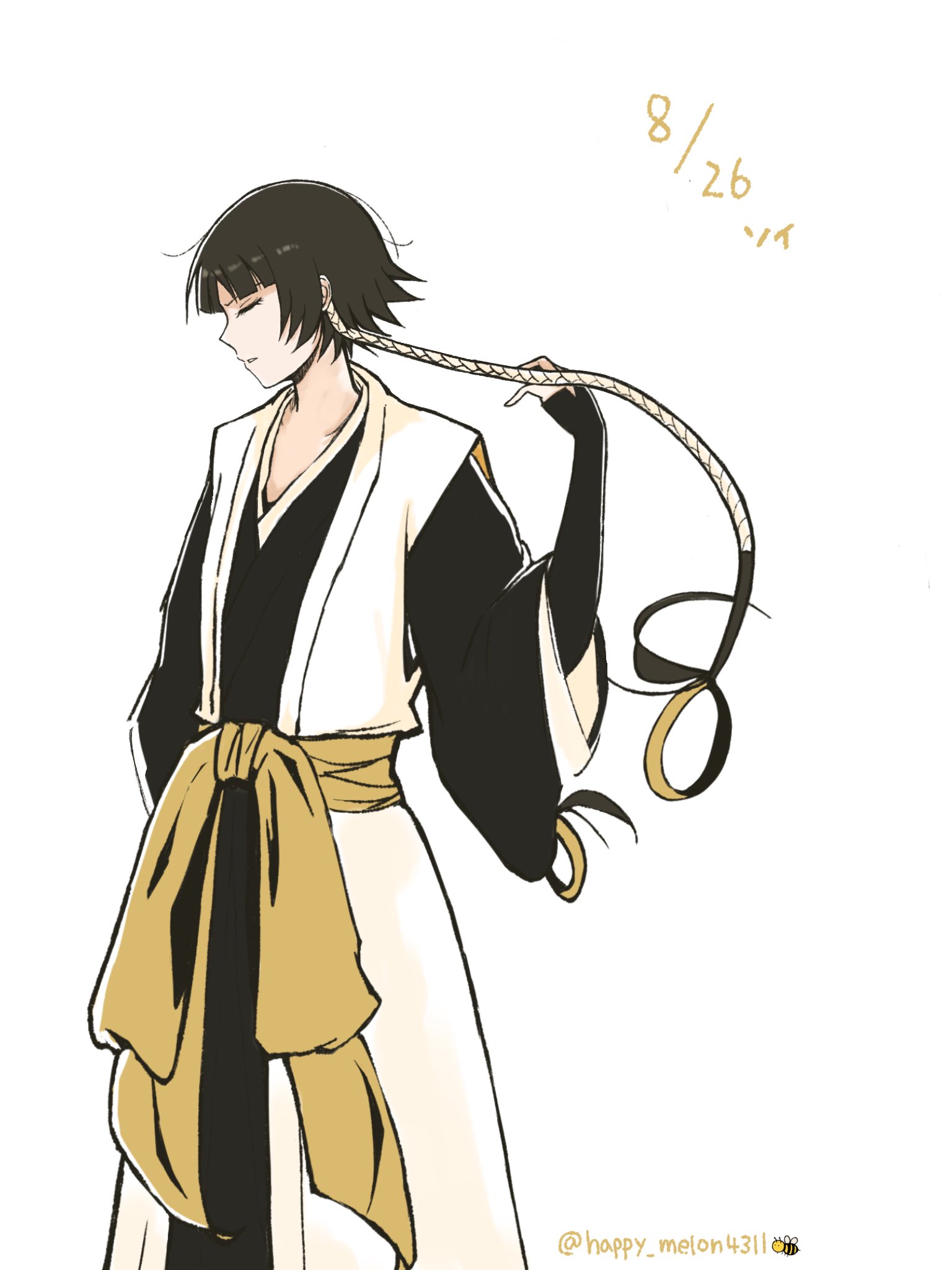 happy melon4311, sui-feng, bleach, highres, 1girl, black hair, black kimono, closed eyes, dated, hair tubes, haori, japanese clothes, kimono, long sleeves, parted lips, short hair with long locks, solo, taichou haori, twitter username, white background, wide sleeves