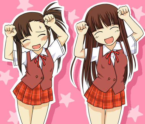 konoe konoka, sakurazaki setsuna, mahou sensei negima!, lowres, 00s, blush, brown hair, caramelldansen, long hair, plaid clothes, plaid skirt, school uniform, serafuku, side ponytail, skirt