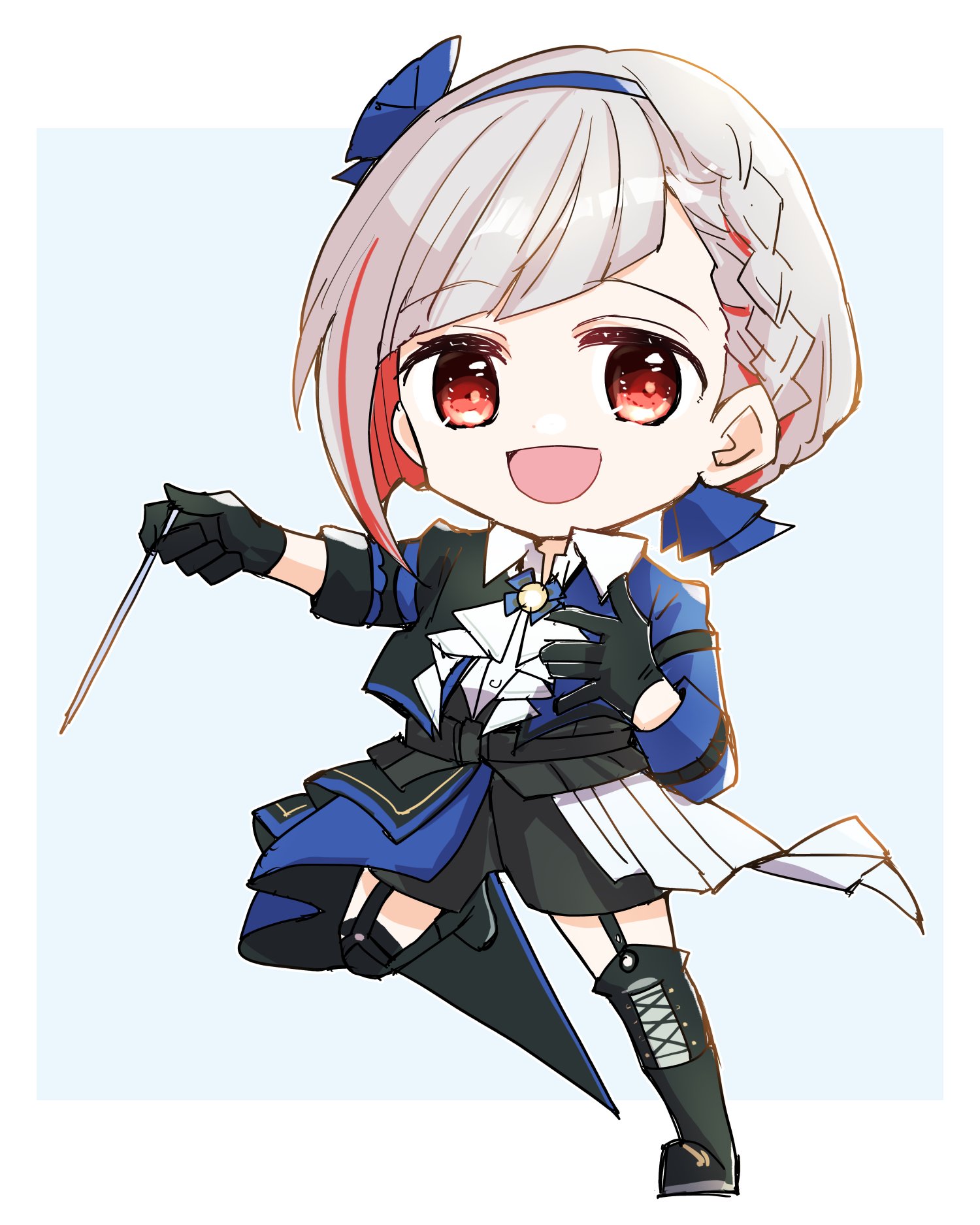 kanduki kamibukuro, yugiri tsuzuri, link! like! love live!, love live!, commentary, highres, 1girl, :d, ascot, black boots, black gloves, black jacket, blue background, blue hairband, blue jacket, boots, border, braid, chibi, chibi only, collared shirt, colored inner hair, compass (love live!), conductor baton, diagonal bangs, garter straps, gloves, grey hair, hairband, holding, jacket, leg up, looking at viewer, multicolored hair, official alternate costume, open mouth, outside border, red eyes, red hair, shirt, short hair, side braid, simple background, smile, solo, streaked hair, thigh boots, three-quarter sleeves, virtual youtuber, white ascot, white border, white shirt