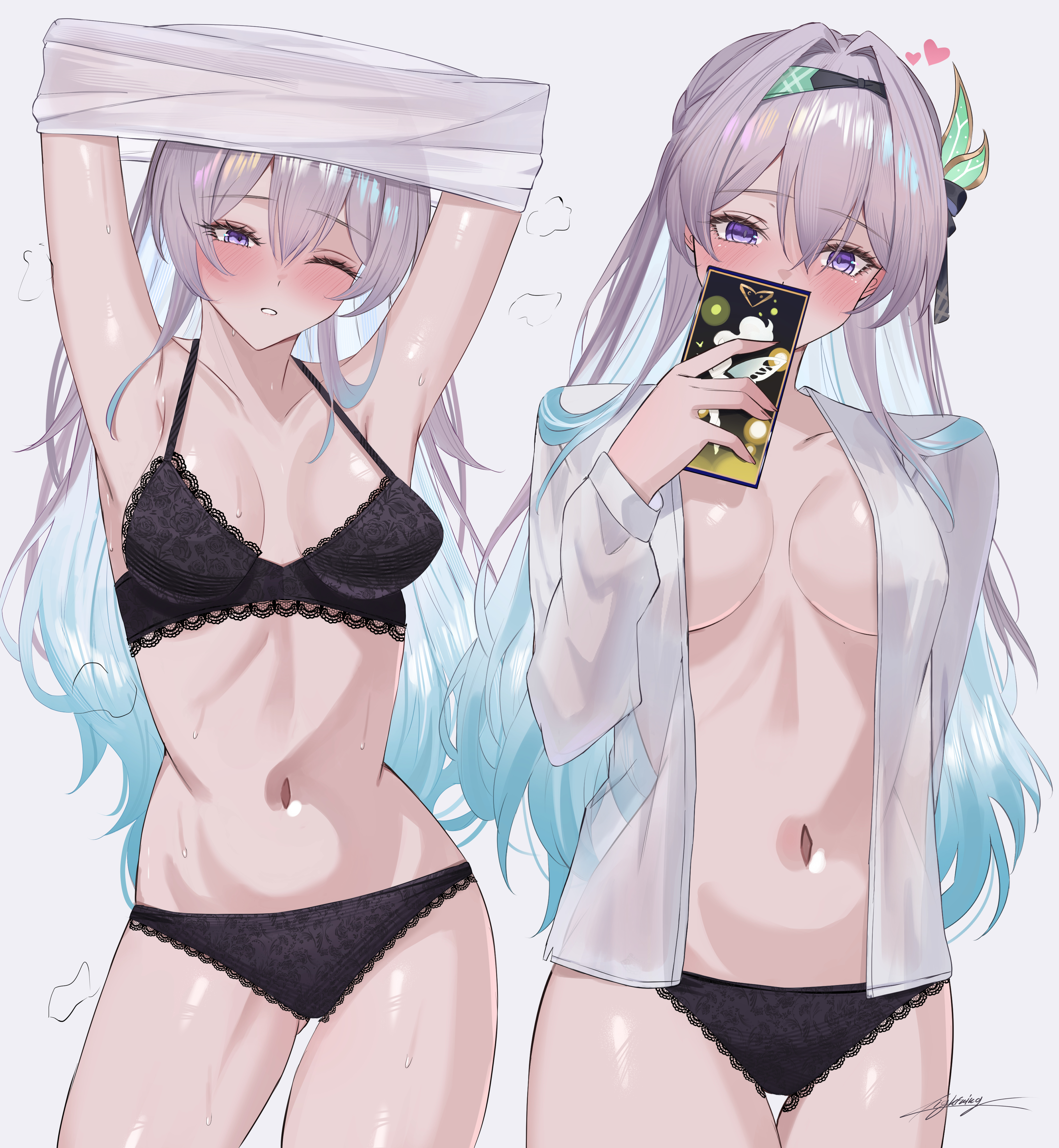 miya-chan (lightning0730), firefly (honkai: star rail), honkai: star rail, honkai (series), absurdres, highres, 1girl, black bra, black panties, bra, breasts, cellphone, cleavage, grey background, grey hair, holding, holding phone, long hair, medium breasts, multiple views, navel, one eye closed, open clothes, open shirt, panties, phone, purple eyes, shirt, signature, simple background, thigh gap, underwear, undressing, white shirt