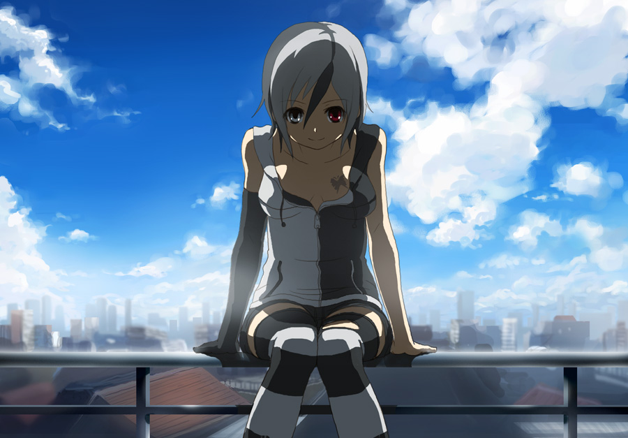 hino hikaru, rusty, futaba channel, bad id, bad pixiv id, city, cloud, day, heterochromia, railing, short hair, sitting, sky, solo, striped clothes, striped thighhighs, thighhighs