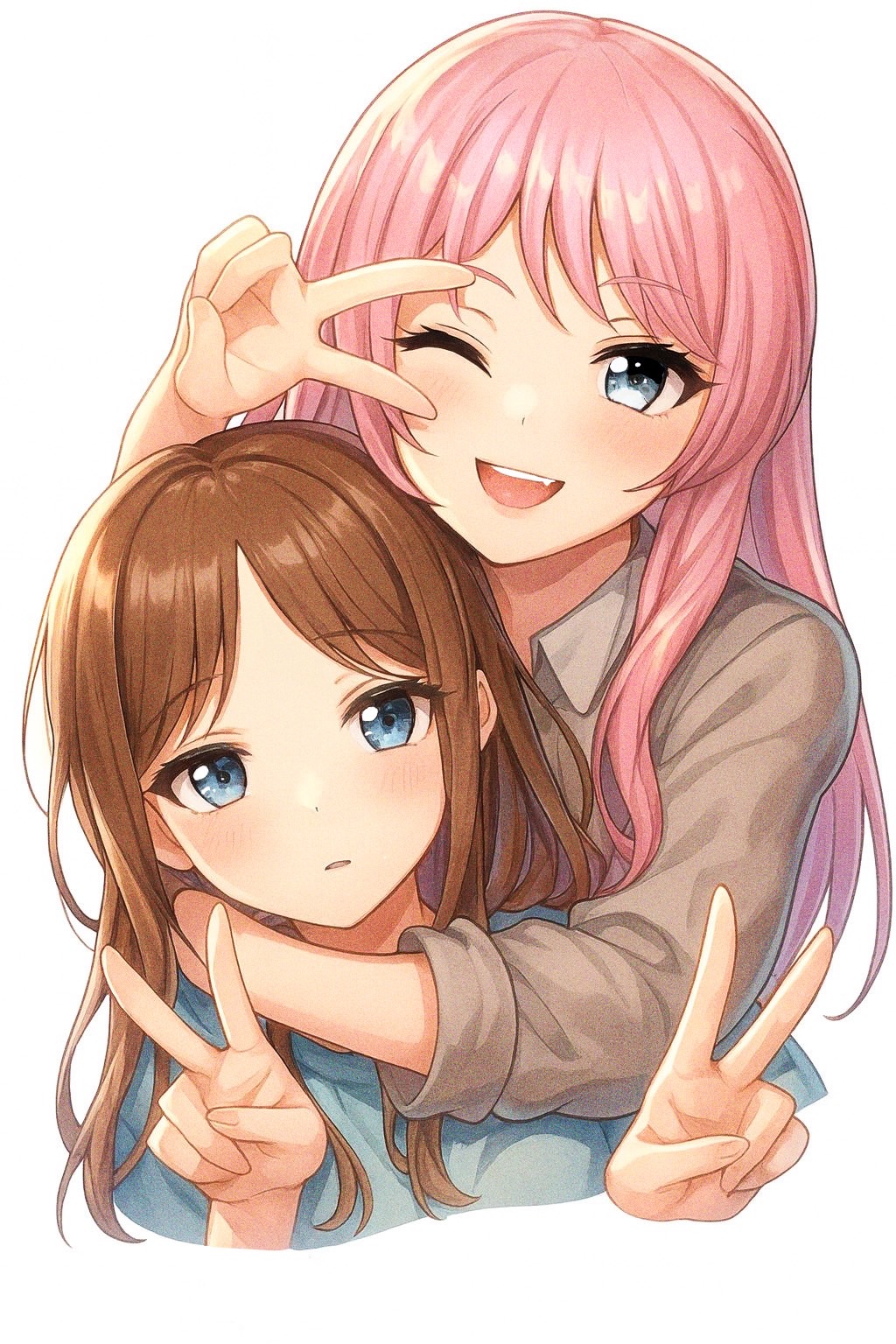 mocaraneru, chihaya anon, nagasaki soyo, bang dream!, bang dream! it's mygo!!!!!, highres, 2girls, blue eyes, blue shirt, brown hair, double v, fang, grey eyes, long hair, long sleeves, multiple girls, one eye closed, open mouth, parted lips, pink hair, shirt, simple background, v, v over eye, white background, yuri