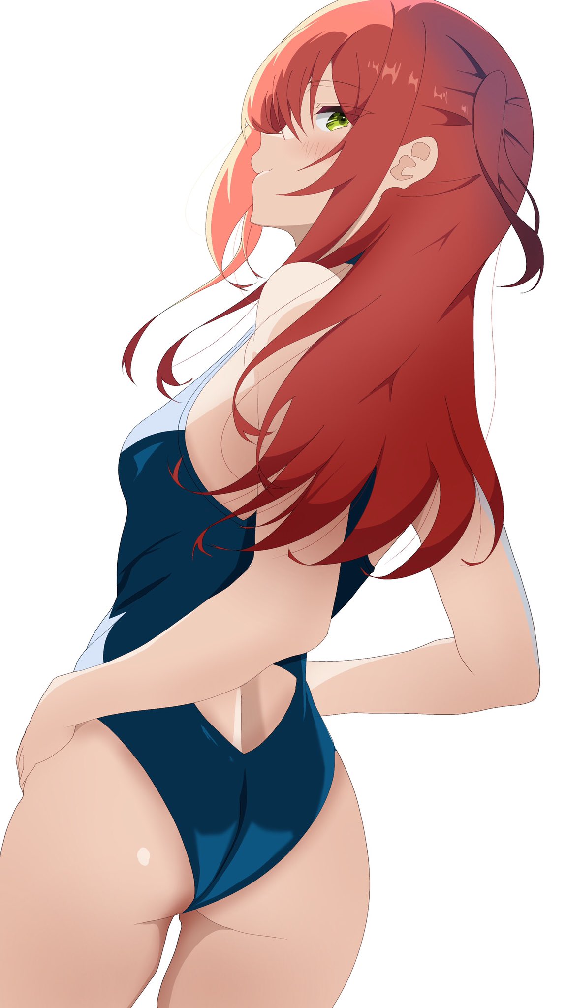 kita ikuyo, bocchi the rock!, highres, 1girl, awaco ruku, breasts, from behind, green eyes, hands on own hips, long sleeves, looking at viewer, medium breasts, one-piece swimsuit, one side up, ponytail, red hair, side ponytail, sidelocks, simple background, solo, swimsuit, white background