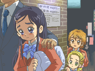 kasuga (kasuga39), kujou hikari, misumi nagisa, yukishiro honoka, futari wa precure, futari wa precure max heart, precure, lowres, translation request, 00s, 1boy, 3girls, blue bow, bow, eavesdropping, jaggy lines, jewelry, multiple girls, oekaki, prostitution, ring, school uniform, serafuku, tears, wedding band