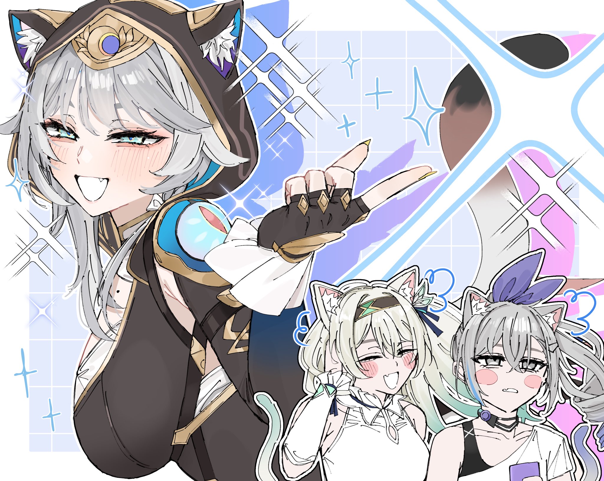 carrot 011, cipher (honkai: star rail), firefly (honkai: star rail), silver wolf (honkai: star rail), honkai: star rail, honkai (series), highres, 3girls, :d, ^ ^, animal ear fluff, animal ears, animal hood, arm out of sleeve, arm up, armpit crease, bare shoulders, black choker, black gloves, black hood, black leotard, black sports bra, blue eyes, blue streaks, blush, breasts, cat ears, cat hood, cat tail, choker, closed eyes, collarbone, crossed bangs, detached sleeves, drill hair, facing to the side, facing viewer, fang, fingerless gloves, flat chest, gloves, gradient hair, green hair, grey eyes, grey hair, hair ornament, hair tie, hairband, hairclip, holding, holding phone, hood, large breasts, leotard, long hair, looking at viewer, mole, mole on breast, multicolored hair, multiple girls, open mouth, parted lips, phone, playing with own hair, ponytail, shirt, short hair, short hair with long locks, short sleeves, sleeveless, sleeveless shirt, smile, sparkle, sparkle background, sports bra, swept bangs, tail, two-tone hair, white background, white hair, white shirt, yellow nails