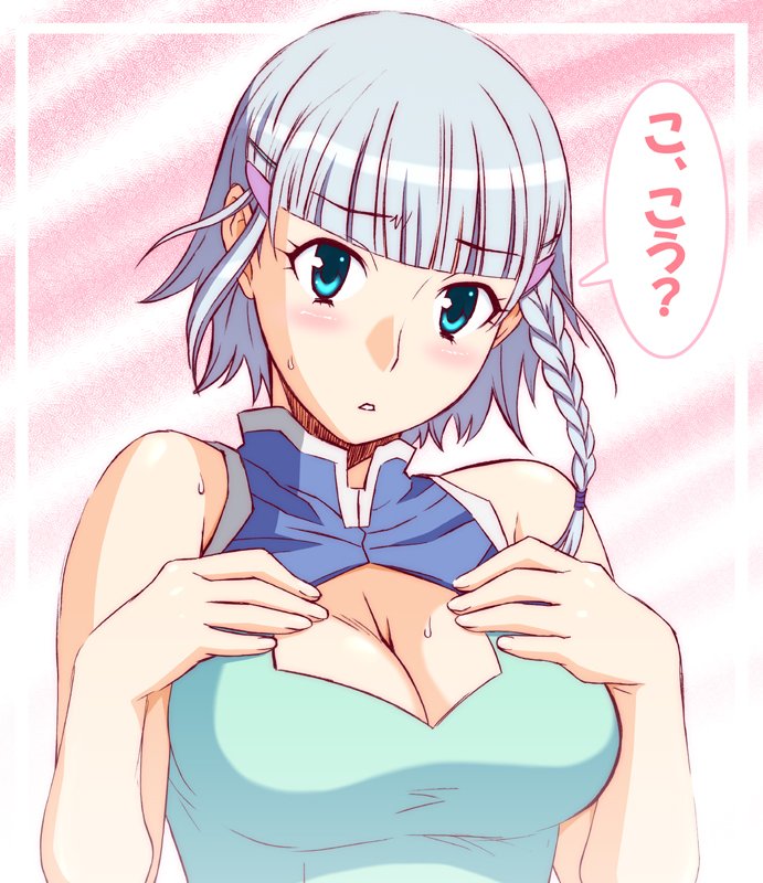 shoumaru (gadget box), seolla schweizer, banpresto, super robot wars, bad id, bad pixiv id, translation request, 1girl, blue eyes, blush, braid, breasts, cleavage, cleavage cutout, clothing cutout, female focus, hair ornament, hairpin, solo, white hair