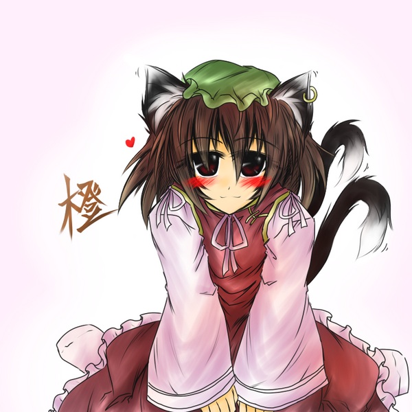 aiba kinoko (aozora), chen, touhou, 1girl, animal ears, blush, brown hair, cat ears, cat girl, cat tail, earrings, female focus, gradient background, hat, jewelry, multiple tails, red eyes, short hair, smile, solo, tail