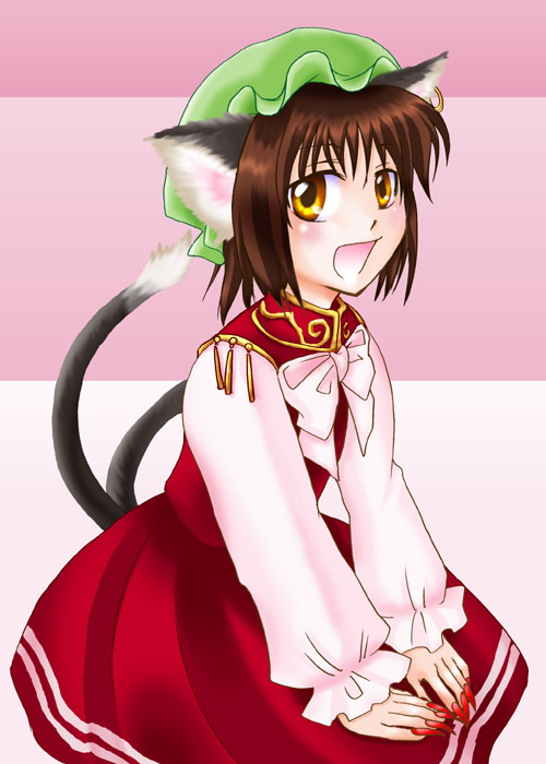 chen, touhou, 1girl, animal ears, brown hair, cat ears, cat girl, cat tail, earrings, female focus, hat, jewelry, multiple tails, short hair, skirt, smile, solo, tail, yellow eyes