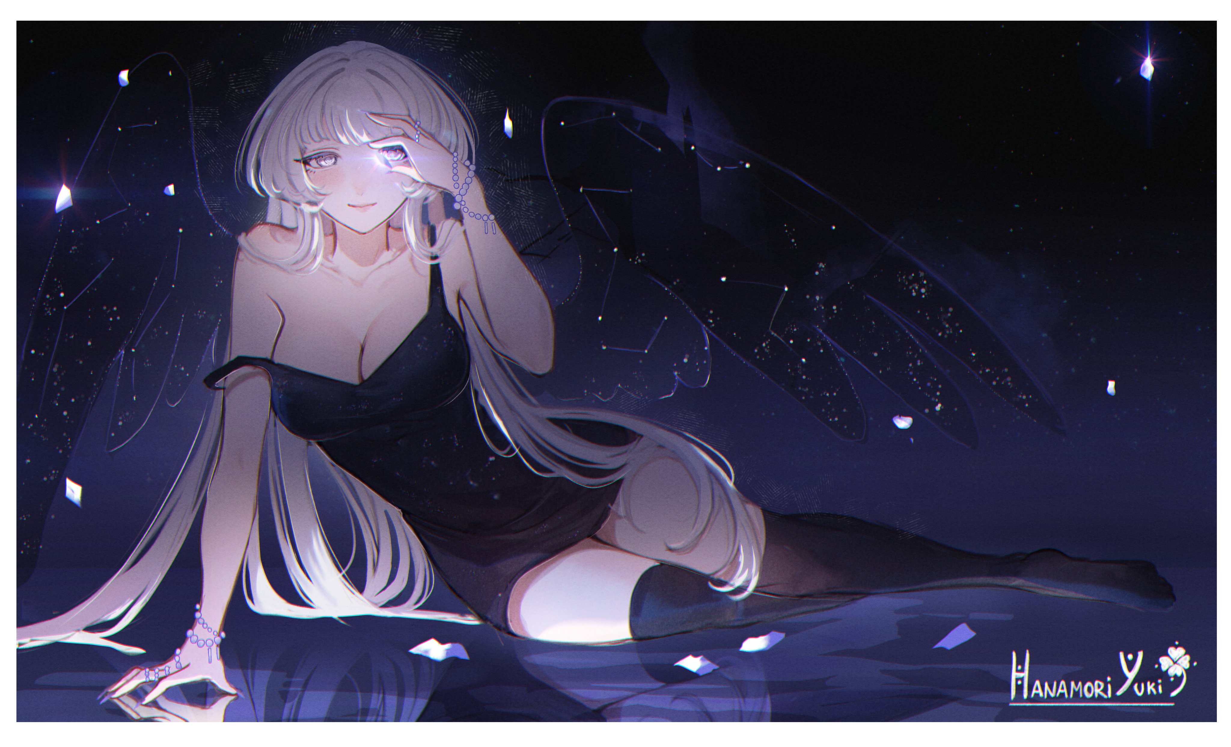 indie virtual youtuber, black dress, breasts, cleavage, dress, glowing, grey hair, long hair, medium breasts, smile, thighhighs, virtual youtuber, zaikiai