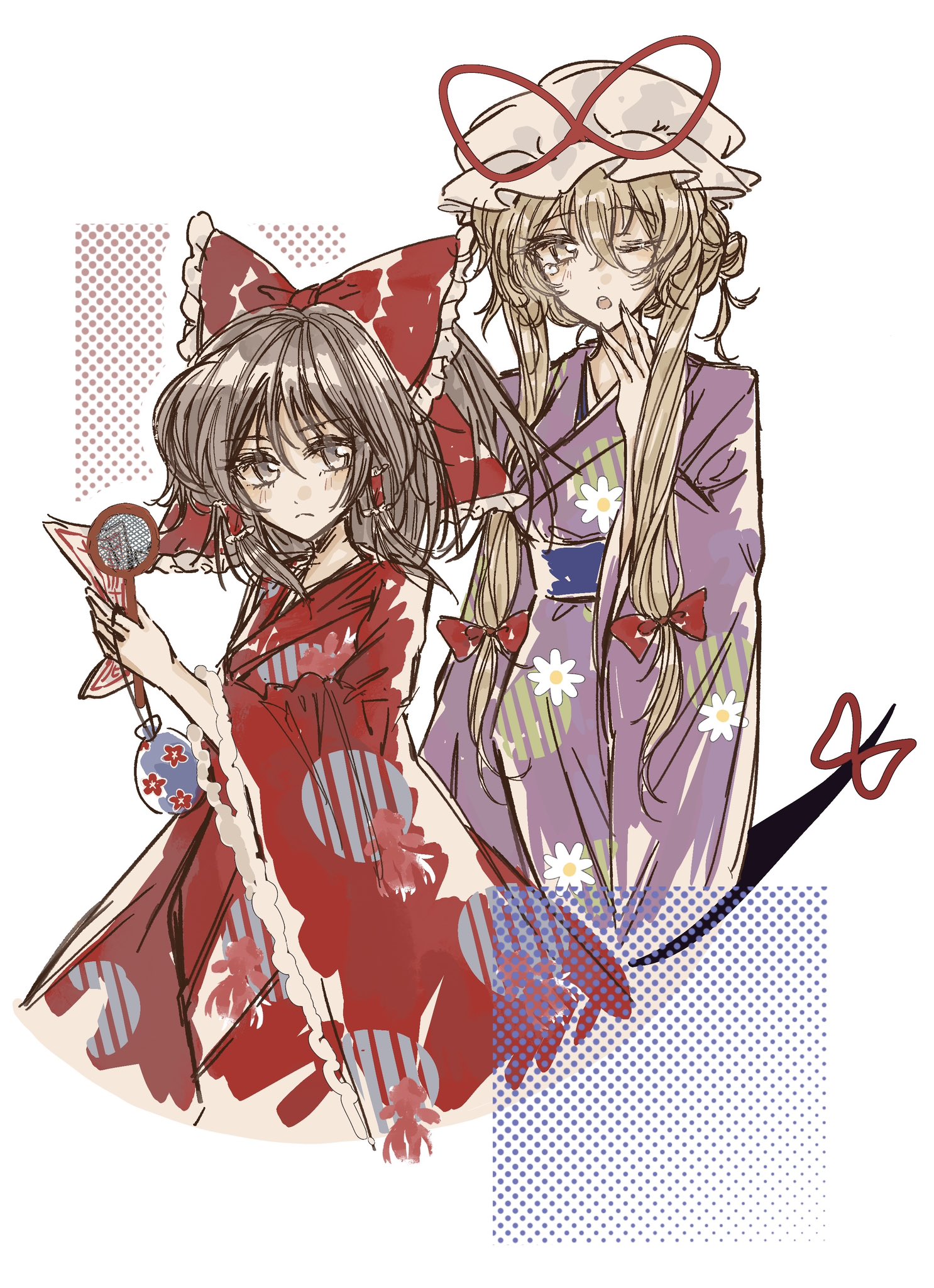 hakurei reimu, yakumo yukari, touhou, commentary, highres, 2girls, alternate costume, alternate hairstyle, blonde hair, bow, brown eyes, brown hair, closed mouth, cream 000 soda, floral print, frilled bow, frilled hair tubes, frills, gap (touhou), hair bow, hair tubes, hat, hat ribbon, holding, japanese clothes, kimono, long hair, mob cap, multiple girls, ofuda, one eye closed, open mouth, print skirt, purple kimono, red bow, red kimono, red ribbon, ribbon, skirt, very long hair, yawning, yellow eyes