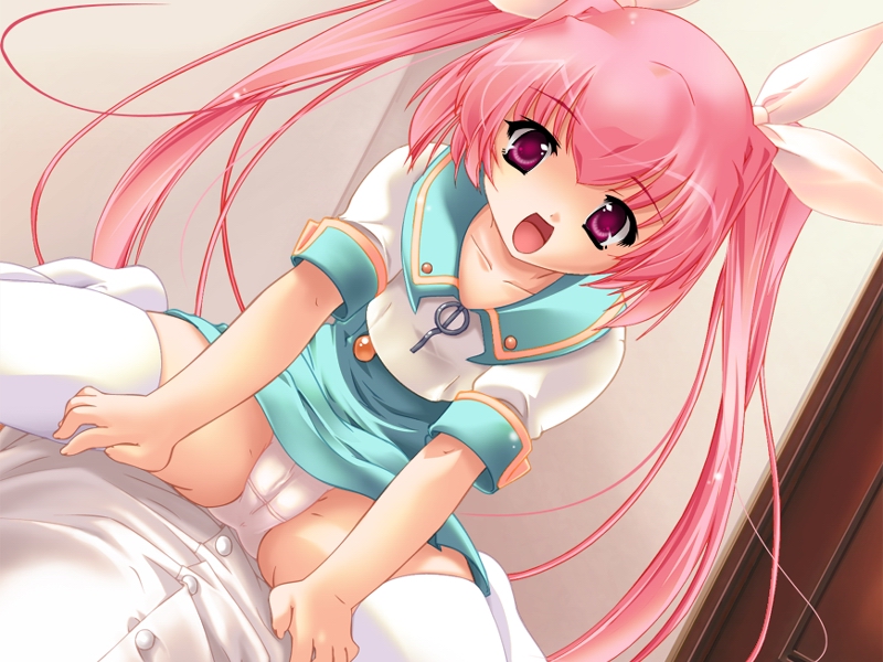 oota takeshi, myth (dokidoki closet), dokidoki closet, game cg, 1boy, 1girl, bow, cameltoe, dutch angle, female focus, hair bow, open mouth, panties, pantyshot, pink hair, purple eyes, ribbon, school uniform, serafuku, solo, spread legs, straddling, thighhighs, twintails, underwear, upskirt, white thighhighs