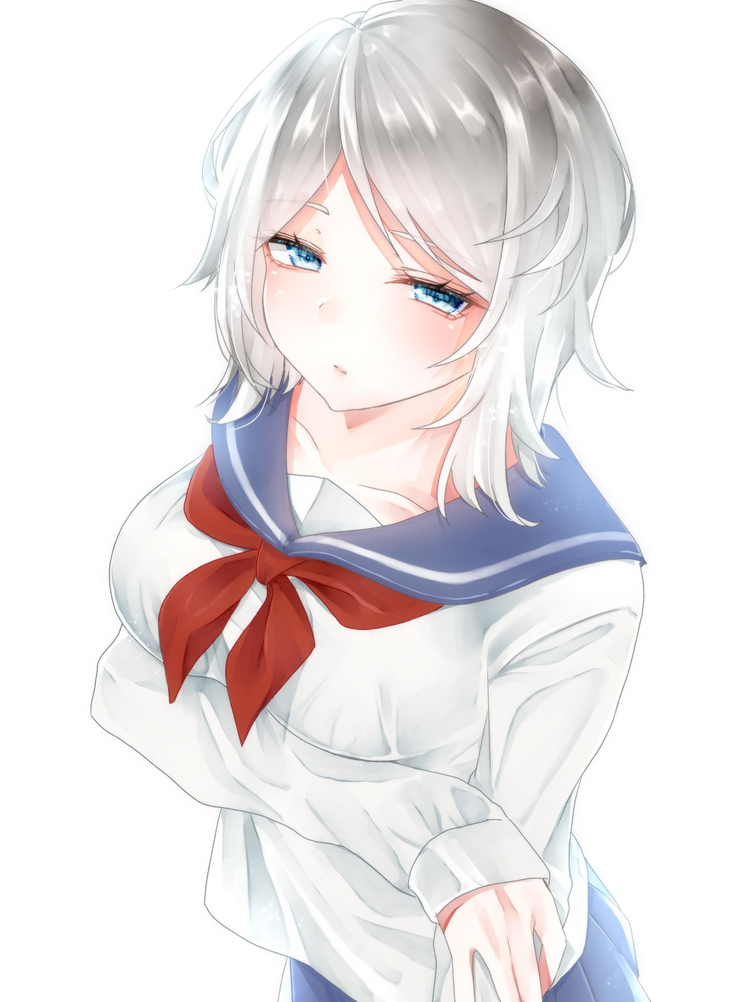 dragon-love0815, faust (project moon), limbus company, project moon, highres, alternate costume, blue eyes, breasts, closed mouth, cowboy shot, dress, large breasts, looking at viewer, medium hair, pleated dress, red sailor collar, sailor collar, school uniform, serafuku, skirt, white background, white hair, white serafuku