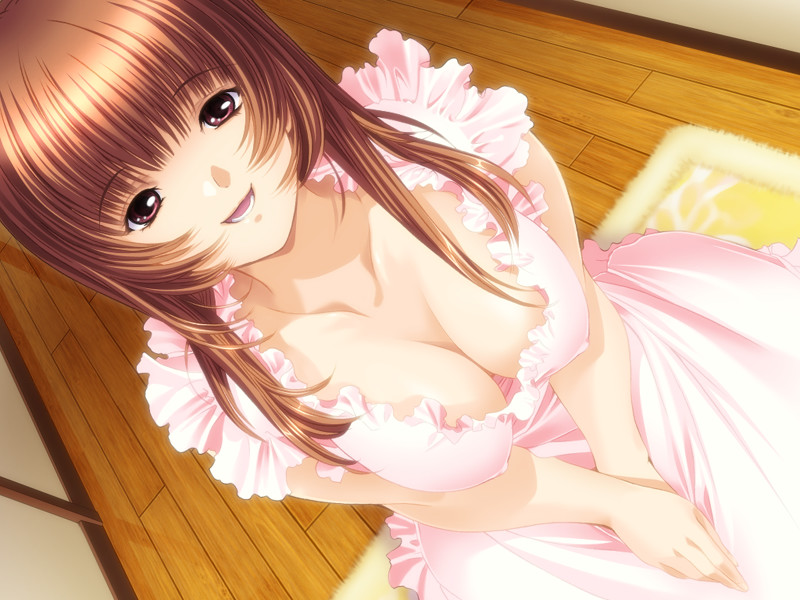 shiera, takanashi karen, ai no chikara, game cg, 1girl, :d, apron, breasts, brown eyes, brown hair, cleavage, downblouse, dutch angle, female focus, frills, from above, indoors, large breasts, long hair, looking at viewer, naked apron, naughty face, open mouth, red eyes, rug, sitting, smile, solo