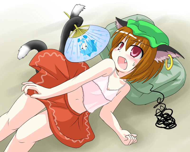 des (namaasi), chen, cirno, touhou, 1girl, animal ears, brown hair, cat ears, cat girl, cat tail, earrings, fang, female focus, gradient background, hand fan, hat, holding, holding with tail, jewelry, lying, multiple tails, navel, paper fan, prehensile tail, red eyes, short hair, skirt, solo, squiggle, tail, uchiwa