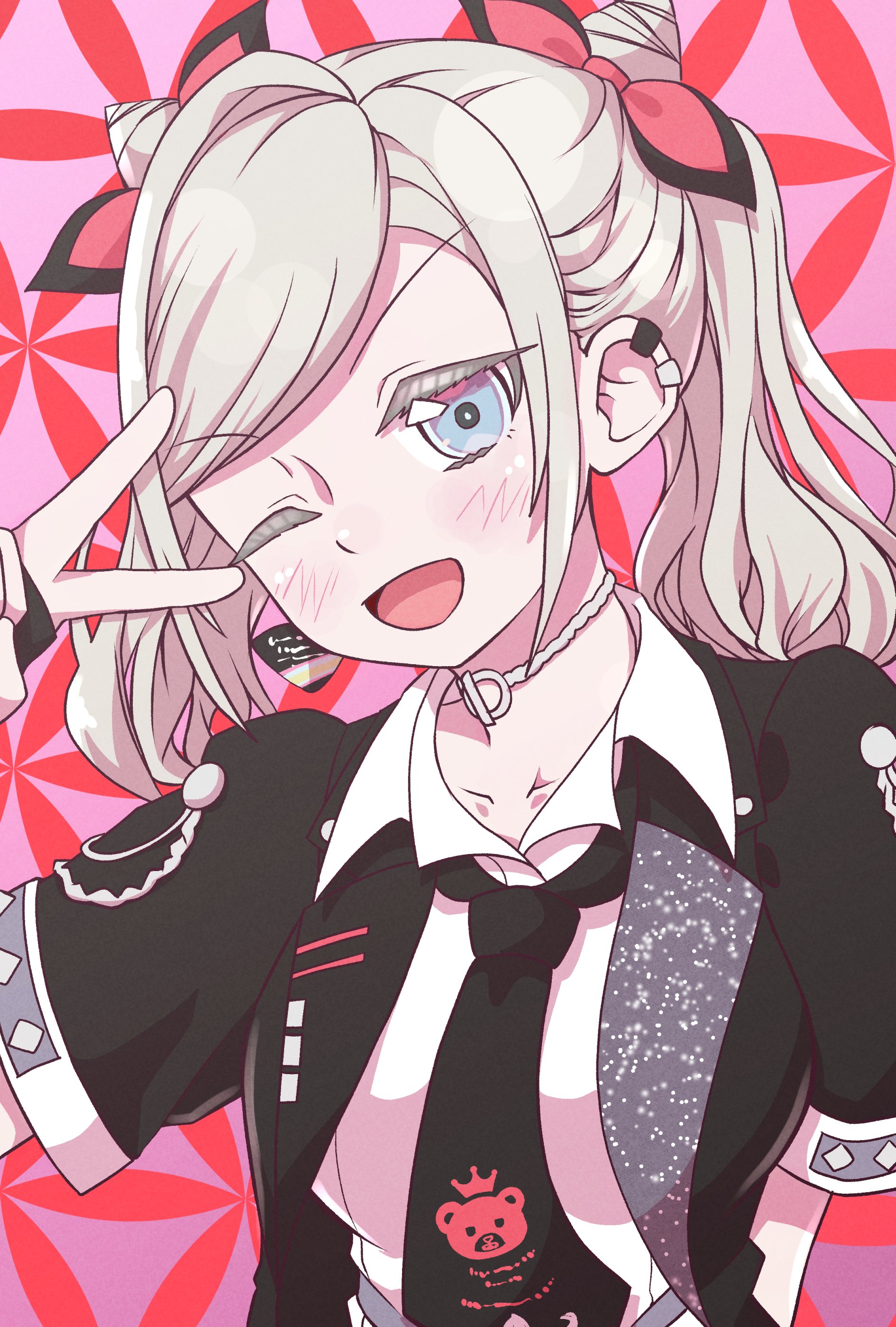 sivematsu, ceras yanagida lilienfeld, link! like! love live!, love live!, absurdres, commentary request, highres, 1girl, ;d, black jacket, black necktie, blue eyes, blush, bow, collarbone, collared shirt, cone hair bun, double bun, grey hair, hair bow, hair bun, i do me! (love live!), jacket, long hair, looking at viewer, necktie, official alternate costume, one eye closed, open clothes, open jacket, open mouth, pink background, red background, red bow, shirt, short-sleeved jacket, short sleeves, smile, solo, twintails, two-tone background, upper body, v, v-shaped eyebrows, v over eye, virtual youtuber, white shirt