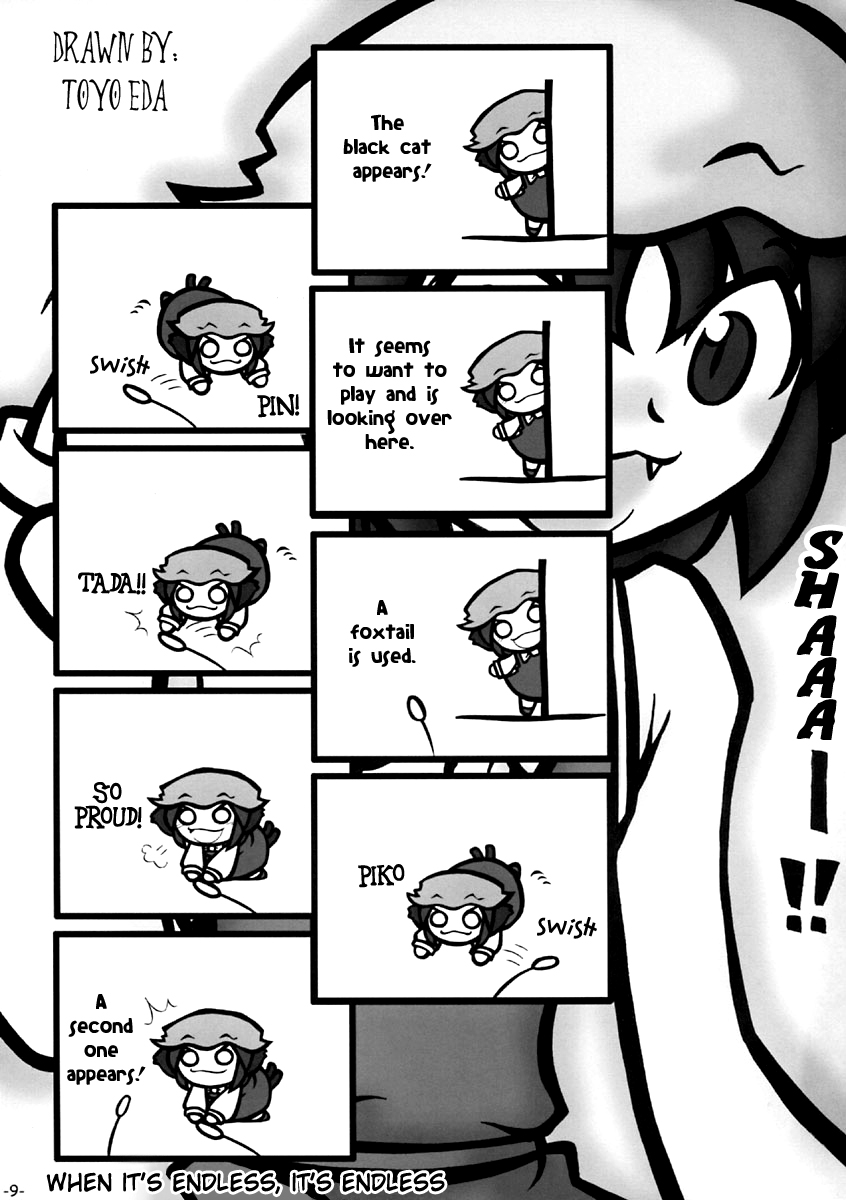 chen, touhou, highres, :3, animal ears, cat ears, cat girl, cat tail, cat teaser, comic, english text, fang, female focus, greyscale, hat, jewelry, monochrome, multiple tails, o o, tail