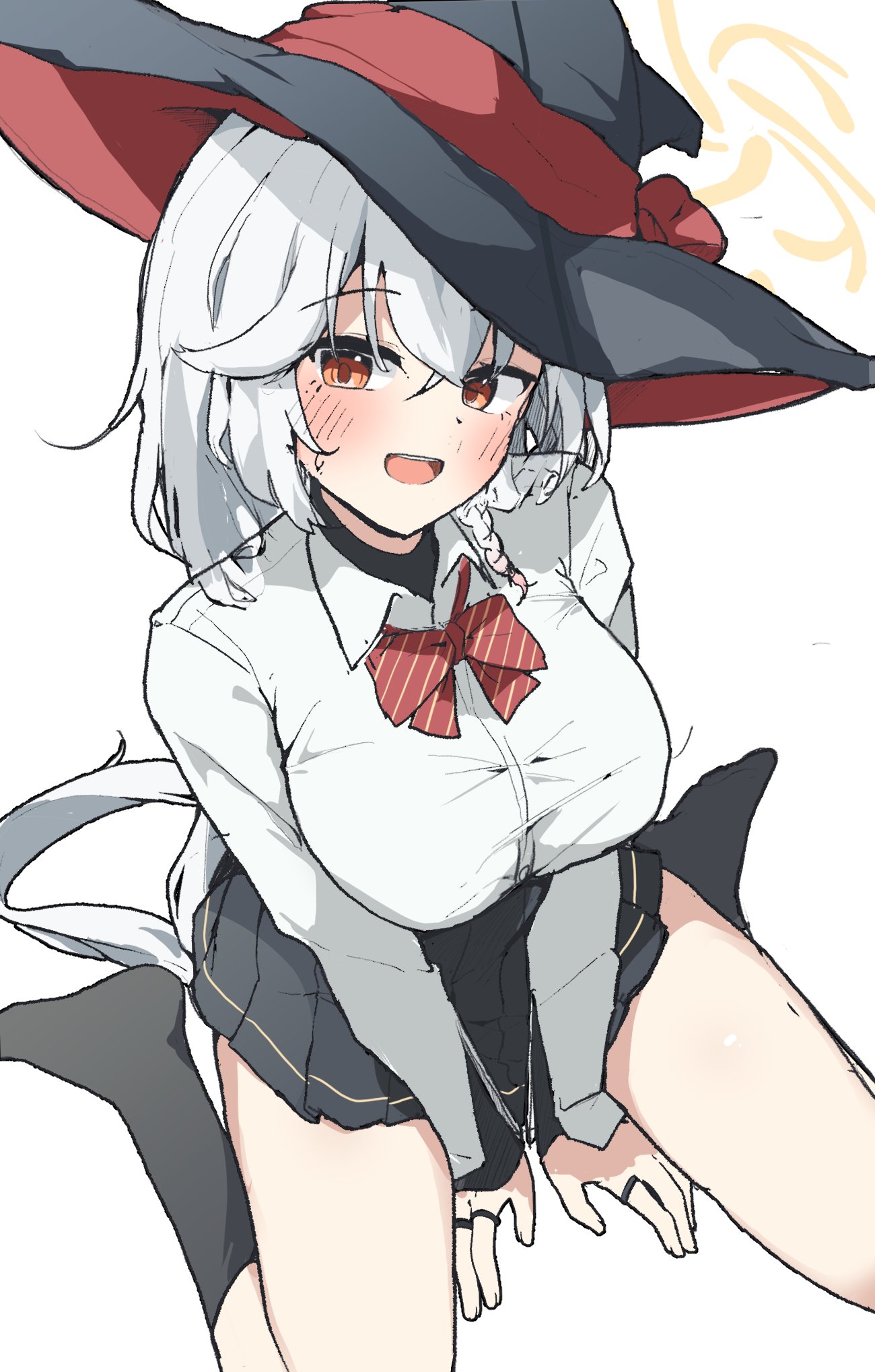 mureniii, eri (blue archive), blue archive, highres, 1girl, black hat, black skirt, black socks, blush, bow, bowtie, braid, breasts, collared shirt, hair between eyes, halo, hat, large breasts, long hair, long sleeves, looking at viewer, open mouth, pleated skirt, red bow, red eyes, shirt, simple background, sitting, skirt, smile, socks, solo, wariza, white background, white hair, white shirt, witch hat, yellow halo