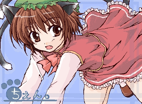 chen, touhou, lowres, 1girl, animal ears, brown eyes, brown hair, cat ears, cat girl, cat tail, character name, earrings, fang, female focus, hat, jewelry, multiple tails, oekaki, paw print, short hair, solo, tail