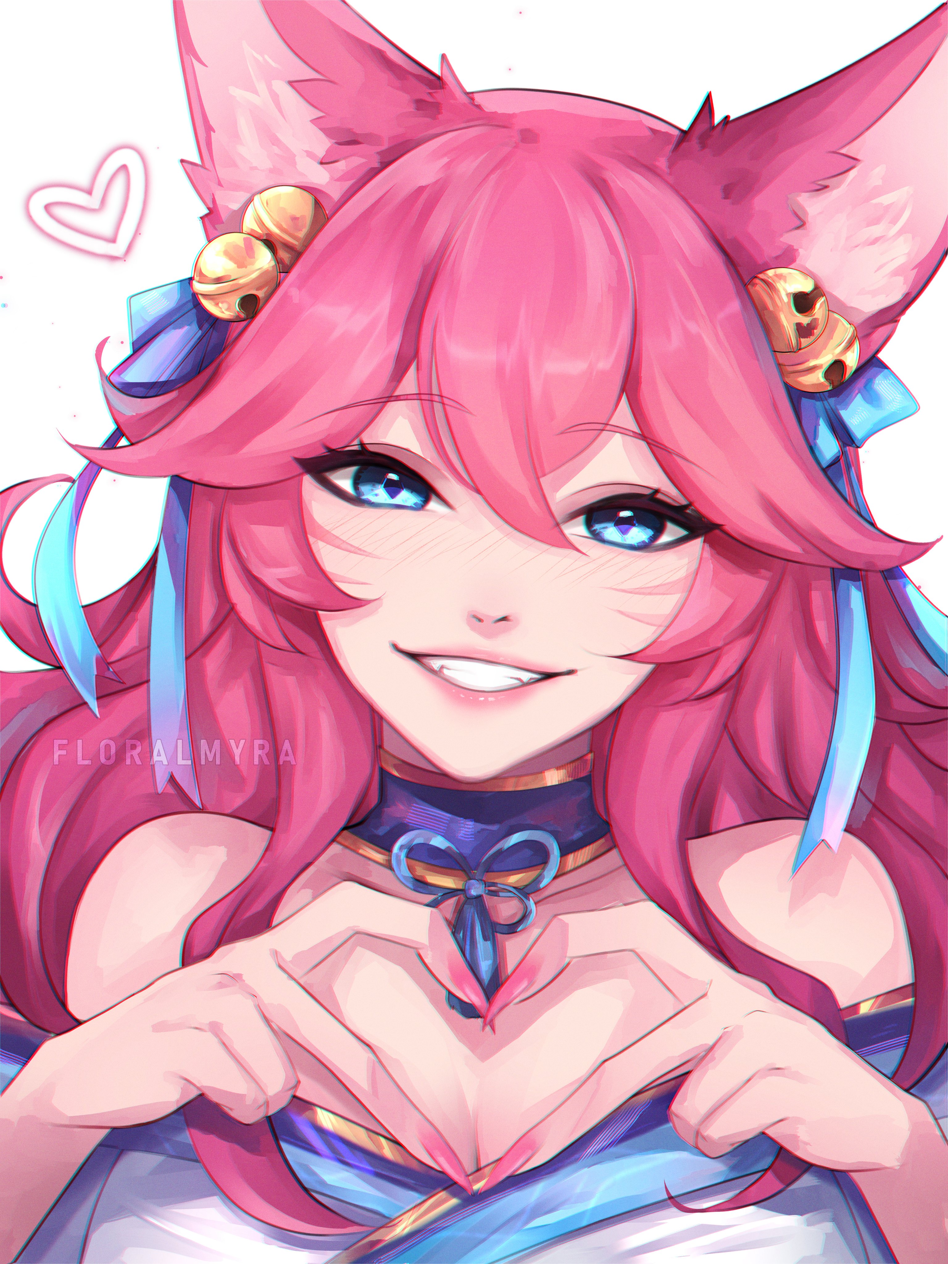 myra (floralmyra), ahri (league of legends), spirit blossom ahri, league of legends, absurdres, commentary, hashtag-only commentary, highres, symbol-only commentary, 1girl, animal ears, artist name, bare shoulders, bell, blue collar, blue eyes, blue ribbon, blush, breasts, cleavage, collar, detached sleeves, facial mark, fangs, four-finger heart hands, fox ears, fox girl, grin, hair bell, hair ornament, hair ribbon, heart, heart hands, japanese clothes, kimono, long hair, looking at viewer, pink hair, pink lips, pink nails, portrait, ribbon, simple background, smile, solo, spirit blossom (league of legends), very long fingernails, whisker markings, white background, white kimono