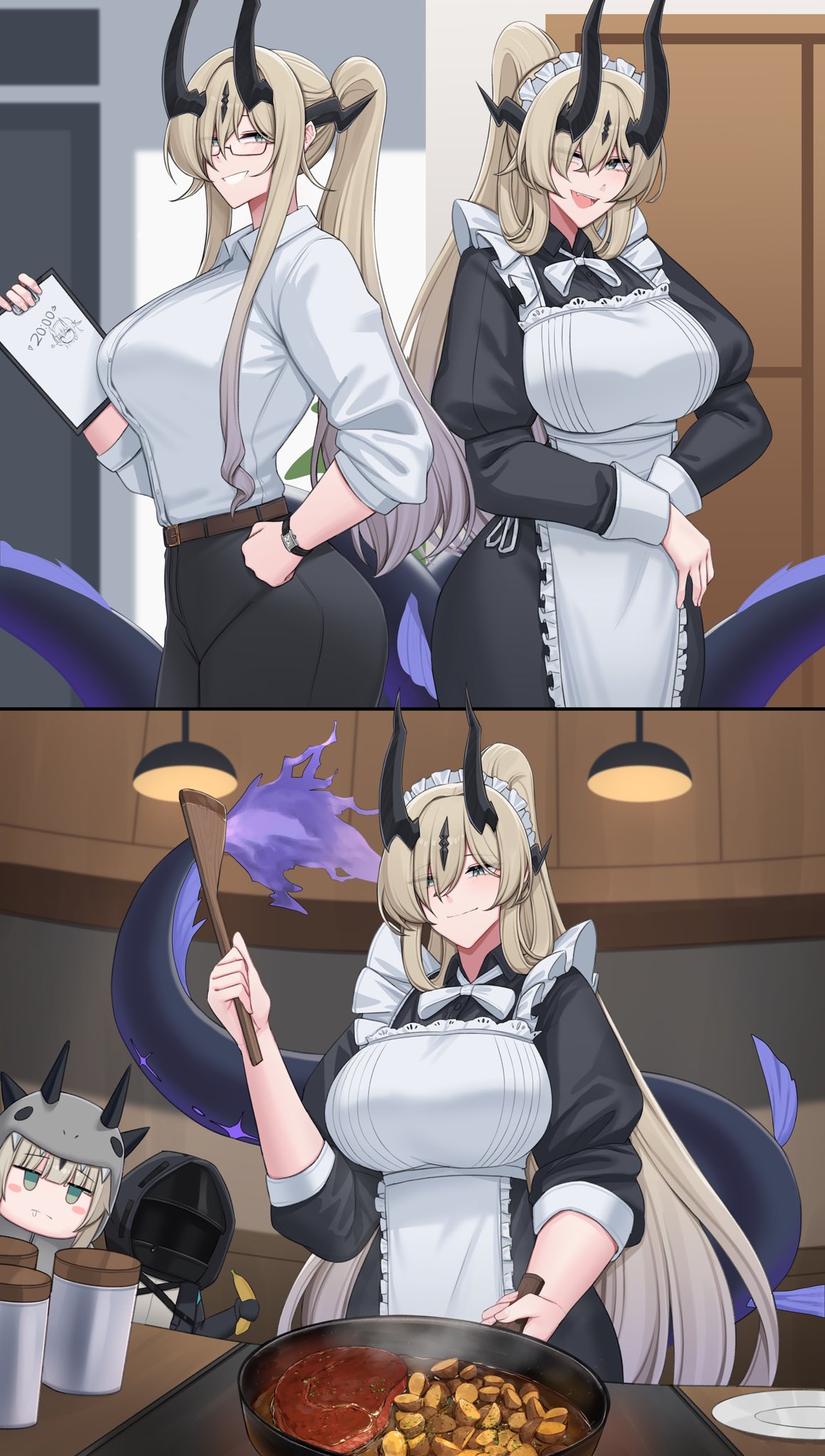 ant k, doctor (arknights), necrass (arknights), reed (arknights), arknights, highres, 1other, 2girls, :d, animal costume, animal hood, apron, arm up, banana, belt, black horns, black pants, blonde hair, blue eyes, blush, bow, bowtie, breasts, clipboard, closed mouth, collared shirt, cooking, dragon girl, dragon horns, dragon tail, drooling, expressionless, food, frilled apron, frills, fruit, frying pan, glasses, green eyes, grin, holding, holding clipboard, holding food, holding pan, holding spatula, hood, horns, indoors, kitchen, long sleeves, maid, maid apron, maid headdress, multiple girls, multiple horns, office lady, open mouth, pants, ponytail, puffy sleeves, saliva, shirt, siblings, sisters, smile, solo focus, spatula, steak, tail, teeth, watch, white apron, white bow, white bowtie, white shirt, wristwatch