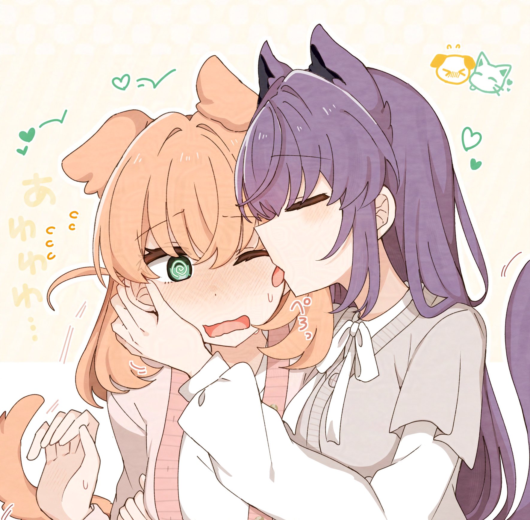 kurotoia, hinoshita kaho, hinoshita kaho (winter loungewear), otomune kozue, otomune kozue (winter loungewear), link! like! love live!, love live!, commentary, highres, 2girls, @ @, animal ears, aqua eyes, blush, cardigan, cat ears, cat girl, cat tail, cerise bouquet, closed eyes, dog ears, dog tail, dress, flying sweatdrops, grey cardigan, kemonomimi mode, layered sleeves, licking, licking another's cheek, licking another's face, long sleeves, multiple girls, nose blush, one eye closed, open cardigan, open clothes, open mouth, pink cardigan, shirt, short over long sleeves, short sleeves, tail, upper body, virtual youtuber, white dress, white shirt, yuri