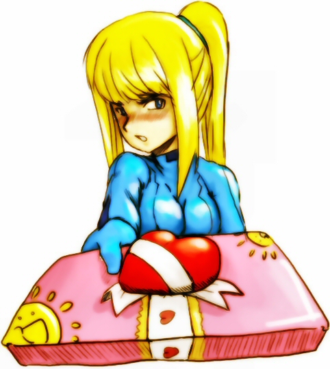 samus aran, metroid, nintendo, 1girl, :o, blonde hair, blue bodysuit, blue eyes, blush, bodysuit, breasts, embarrassed, female focus, foreshortening, gift, giving, gloves, heart, high ponytail, holding, large breasts, long hair, looking at viewer, nose blush, open mouth, outstretched arm, ponytail, scrunchie, shiny clothes, sidelocks, simple background, skin tight, solo, sun, tsundere, turtleneck, upper body, valentine, white background, zero suit
